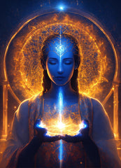 Woman with glowing blue energy in her hands against a dark background