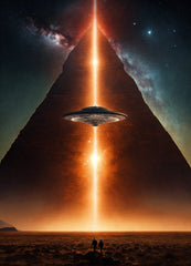 UFO over a pyramid with a bright light, set against a starry sky.