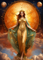 Woman in classical attire with celestial design and planets in the background